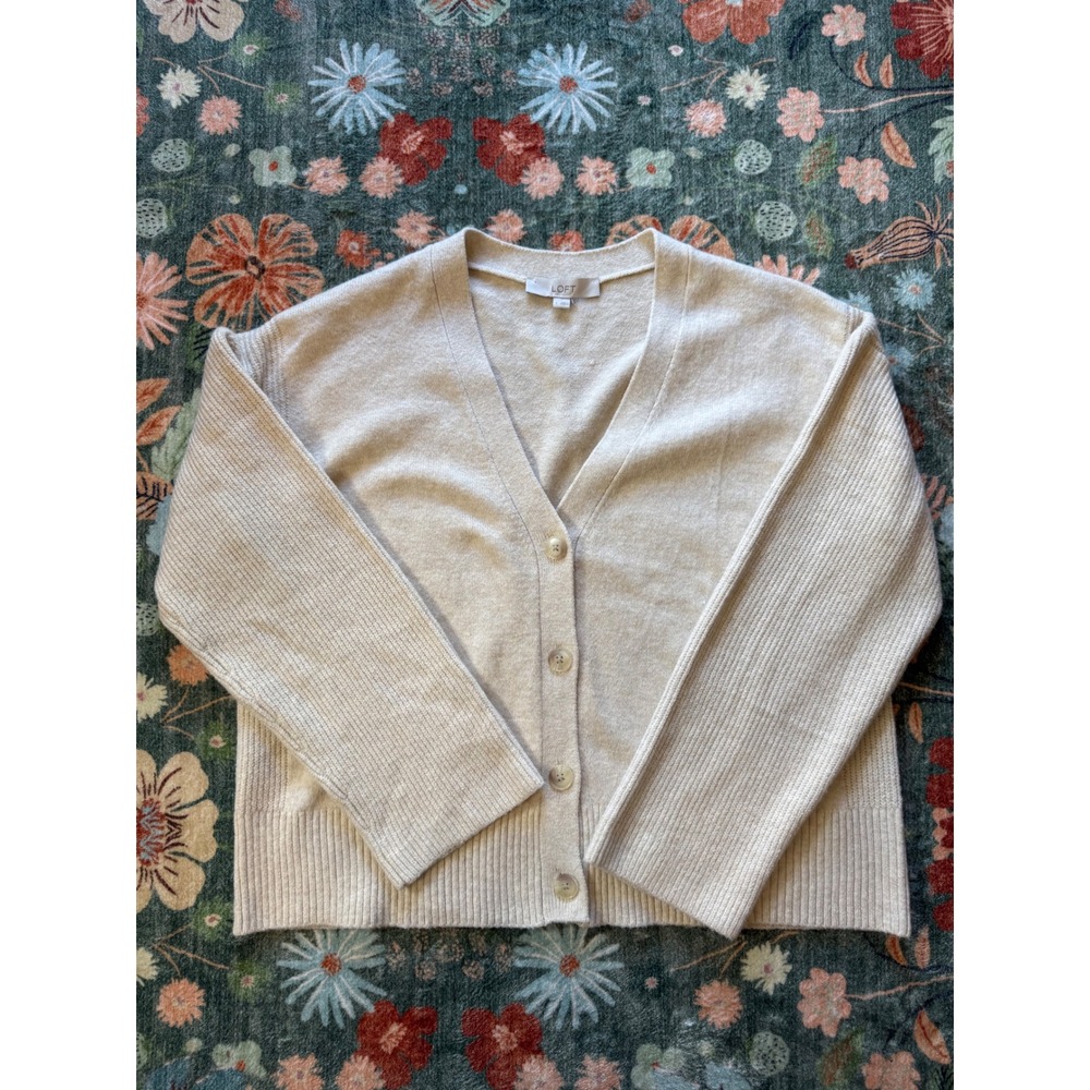 Loft Womens Cream Ribbed V-Neck Button‎ Front Cardigan Sweater L 757310